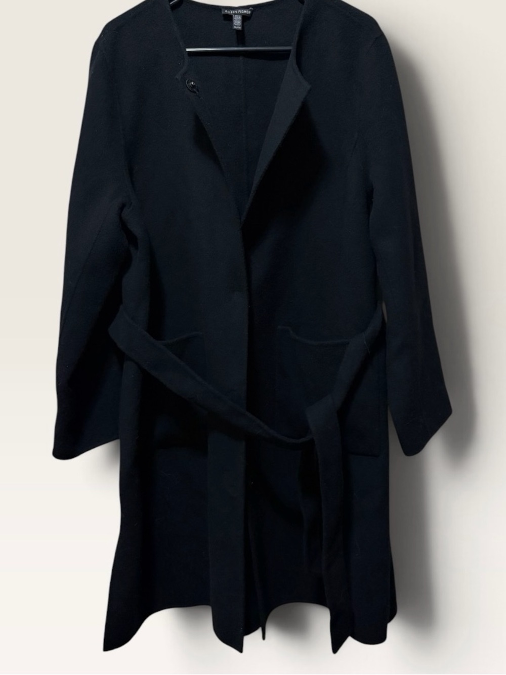 Eileen Fisher XL Black 90% Wool Belted Button Front Long Cardigan Coatigan